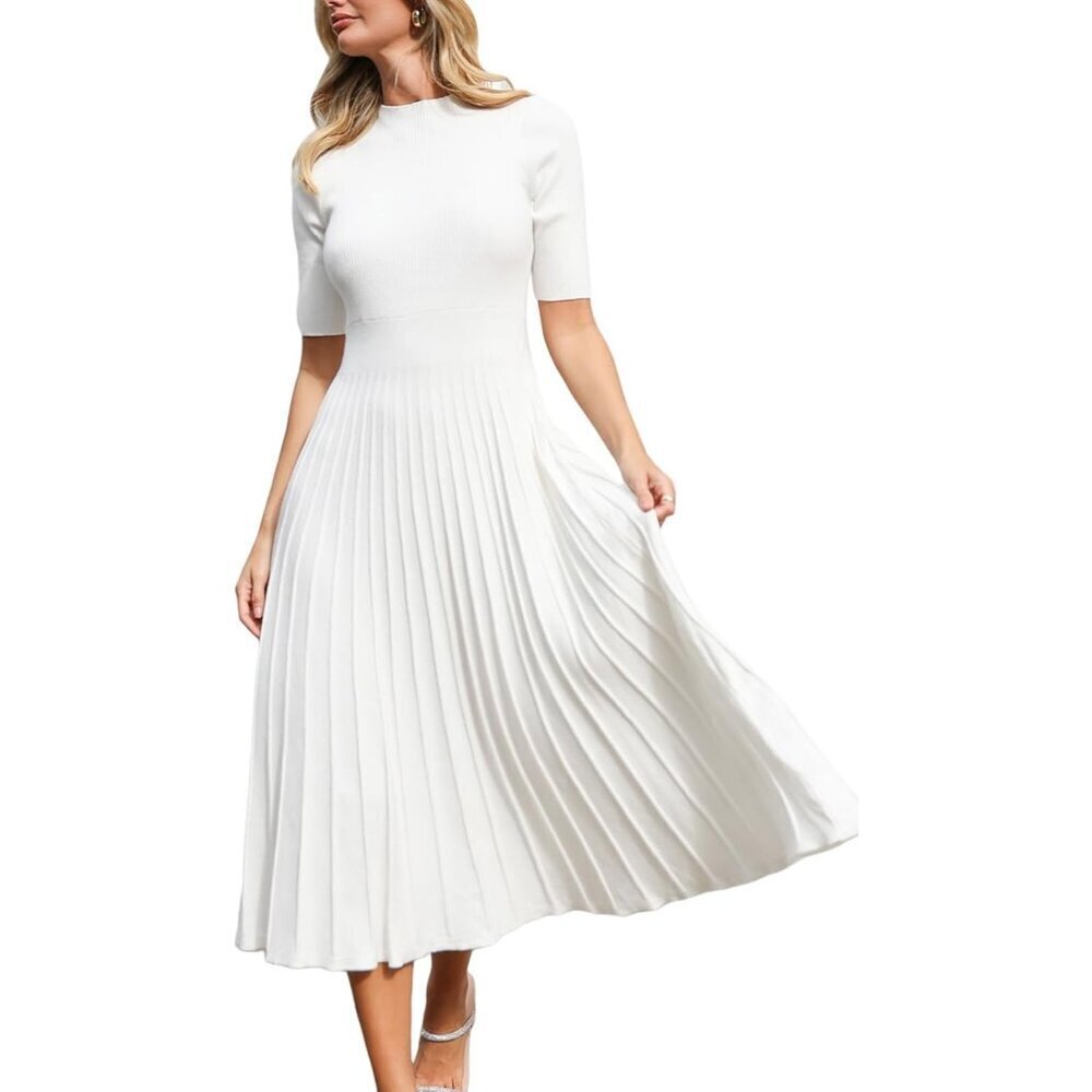 Women’s Ribbed Knit Pleated Midi Sweater Dress Fall Casual Formal